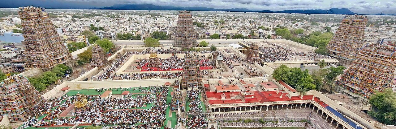 The colourful temple towers of Meenakshi Temple above Madurai